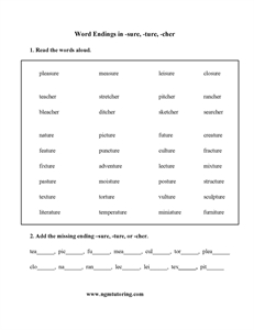 Picture of Word Endings in –sure, -ture, -cher